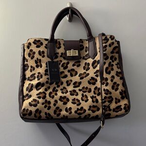 Leopard Print Satchel with Brown Leather Trim